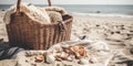 Picnic basket with sea shells, beach towels, umbrella and plastic bag on the beach, concept of Beach essentials, created