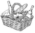 Picnic basket with snack. Hand drawn sketch. Hand drawn illustrations of picnic. Cheese, wine, fruit and french loaf in Royalty Free Stock Photo