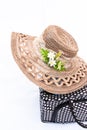 Picnic basket with straw hat Royalty Free Stock Photo