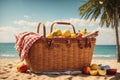 Picnic basket on sunny beach. ai generative Royalty Free Stock Photo