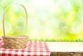 Picnic basket on table in nature Royalty Free Stock Photo