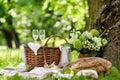 A picnic basket with a white cloth and a bunch of flowers and two wine glasses Royalty Free Stock Photo