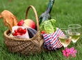 Picnic basket with wine, bread, vegetables Royalty Free Stock Photo