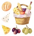 Picnic basket with wine, cheese and bread Royalty Free Stock Photo