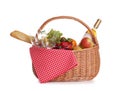 Picnic basket with wine and food isolated Royalty Free Stock Photo