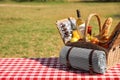 Picnic basket with wine, snacks and mat on table. Space for text