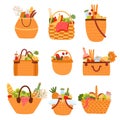 Picnic baskets. Different wicker bags with foods, family and romantic outdoor dinner, breakfast on park grass, rattan containers