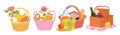 Picnic baskets with food for family dinner or breakfast, romantic dating of couple set