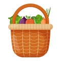 Picnic baskets. Wicker backet with fresh fruits. Cabbage, onion, peach. Flat vector illustration