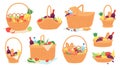 Picnic baskets. Wicker hampers with food and wine bottle on blanket for outdoor meal. Cartoon gift basket with fruits