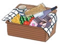 Picnic baskets with wine and food. Romantic lunch. Appetizers collection. Vintage textured llustration