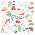 Picnic and BBQ Hand Drawn Doodle. Camping Outdoor Vacation Freehand Set