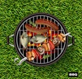 Picnic bbq Vector realistic. Green grass lawn background. Fish and sausages cooking on the grill