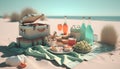 Picnic on the beach. 3d render. Vintage style.