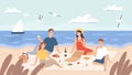 Picnic at beach. Group of friends chill and eat food on sea shore. Happy men and women have lunch outdoor. Holiday on seaside