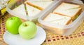 Picnic in the beach, sandwich lunch boxes, and green apples on a plate Royalty Free Stock Photo