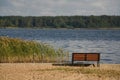 Picnic bench for rest on a beach in autumn - silent lake provincial park Royalty Free Stock Photo