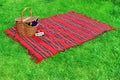 Picnic blanket and basket on the lawn Royalty Free Stock Photo