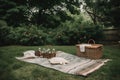 picnic blanket and baskets on patch of green grass in backyard escape