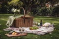 picnic blanket and baskets on patch of green grass in backyard escape