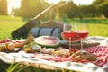 Picnic blanket with delicious food and drinks outdoors on day Royalty Free Stock Photo