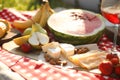 Picnic blanket with delicious food and drinks outdoors on sunny day Royalty Free Stock Photo