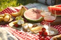 Picnic blanket with delicious food and drinks outdoors on sunny day, closeup Royalty Free Stock Photo