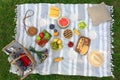 Picnic blanket with delicious snacks on grass in park