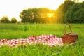 Picnic blanket and  on grass in park Royalty Free Stock Photo