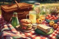 picnic blanket with plates and cutlery, glasses of lemonade, and basket filled with sandwiches waiting to be enjoyed