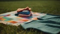 Picnic blanket and tablecloth on green meadow for summer relaxation generated by AI Royalty Free Stock Photo