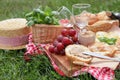 Picnic blanket with wineglasses and food on green grass