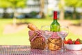 Picnic. bottle of wine with glasses. strawberry.romance.banner