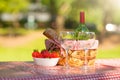 Picnic. bottle of wine with glasses. strawberry.romance.banner