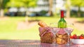 Picnic. bottle of wine with glasses. strawberry.romance.banner