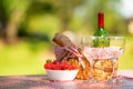 Picnic. bottle of wine with glasses. strawberry.romance.banner