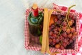 Picnic, camping in the gardens, romance and relaxation. Wine was shipped with a picnic basket. Summer and mood. Weekend and Royalty Free Stock Photo