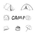 Picnic, camping, tent, camp, vector set of hand-drawn elements in doodle style