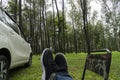 picnic with car in pine forest at northern of Thailand, Copy space Royalty Free Stock Photo