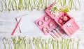 Picnic card with table setting and snowdrops, silverware, pink white checked napkin