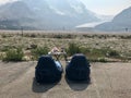 Picnic chairs and table in front of Mt. Athabasca glacier in Canada Royalty Free Stock Photo