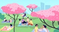 Picnic in city park. Family picnics, rest on nature landscape. People walking, cartoon spring summer families activities