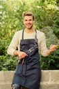 Picnic concept. Handsome guy cooking food. Healthy meal. Recipe grill. Different methods grilling. Man hold grilling Royalty Free Stock Photo