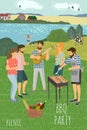 Picnic. Cute flat Vector illustration of mans and womans resting on the meadow against the background of the rural landscape .