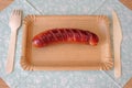 Picnic cutlery and grilled sausage on a paper plate. Recycling and plastic free world concept Royalty Free Stock Photo