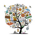 Picnic day. Concept tree for your design. Outdoor relax elements - basket, drinks, food, game, sport. Vector