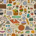 Picnic day. Seamless pattern for your design. Outdoor relax elements - Basket, drinks, food, game, sport. Vector