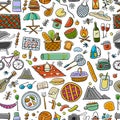 Picnic day. Seamless pattern for your design. Outdoor relax elements - Basket, drinks, food, game, sport. Vector