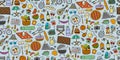 Picnic day. Seamless pattern for your design. Outdoor relax elements - Basket, drinks, food, game, sport. Vector