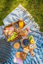 Picnic duvet and basket with different food, fruits, orange juice., yogurt and bread on green grass Royalty Free Stock Photo